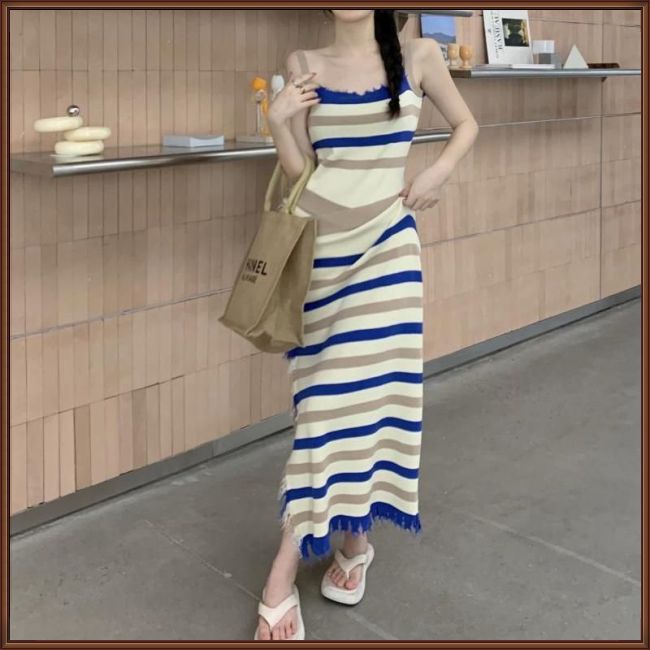 Đầm Hai Dây Dệt Kim Họa Tiết Kẻ Sọc Màu Sắc Tương Phản Phong Cách Retro Pháp Cho Nữ
