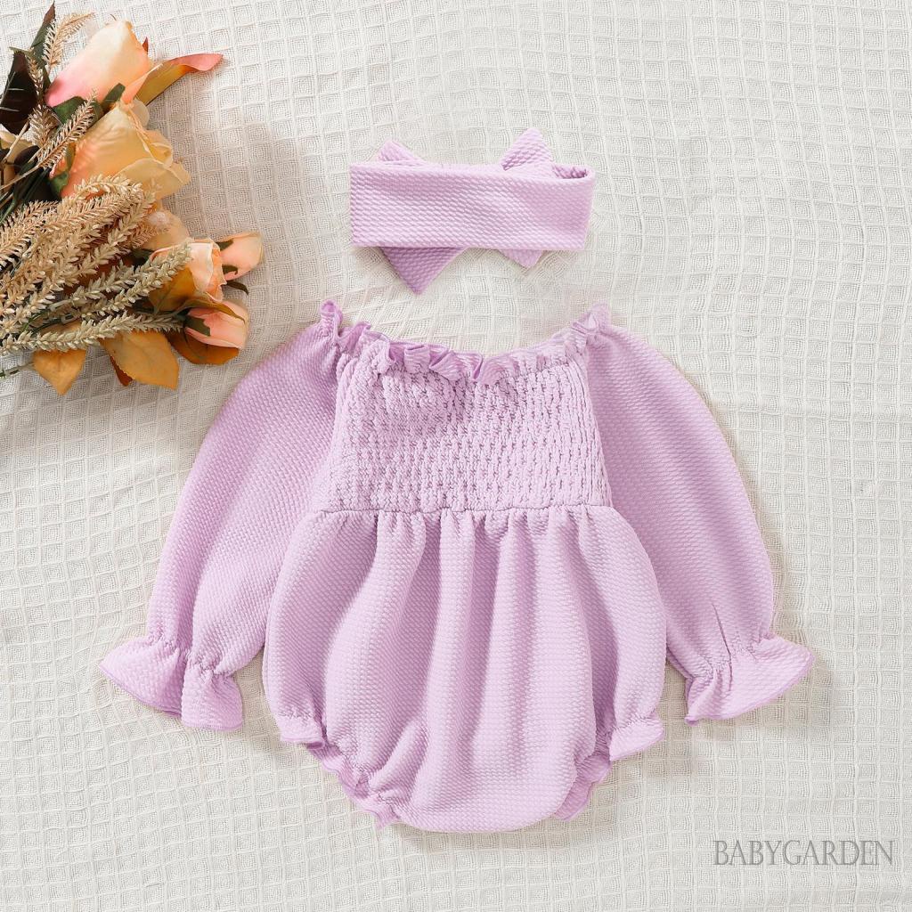 Bộ Áo Liền Quần Tay Dài Màu Trơn Hở Vai Kèm Băng Đô Dành Cho Bé Gái 0-24 Tháng Tuổi