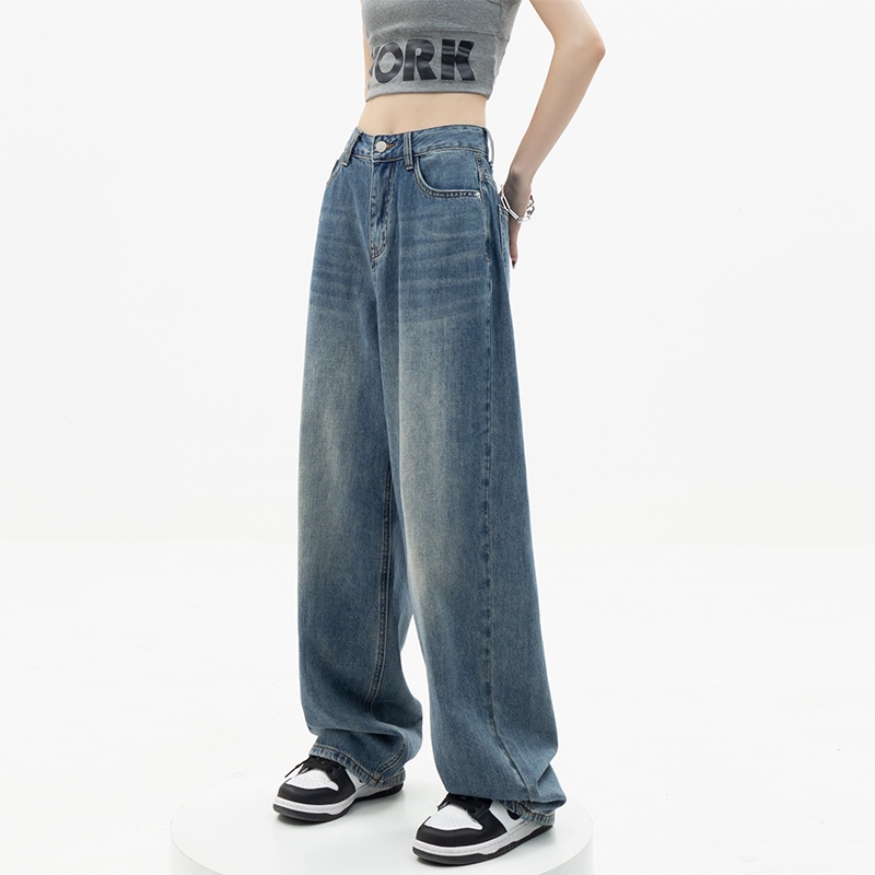 Quần Denim Ống Rộng Lưng Cao RENJIANVSHENG Thời Trang Hàn Quốc