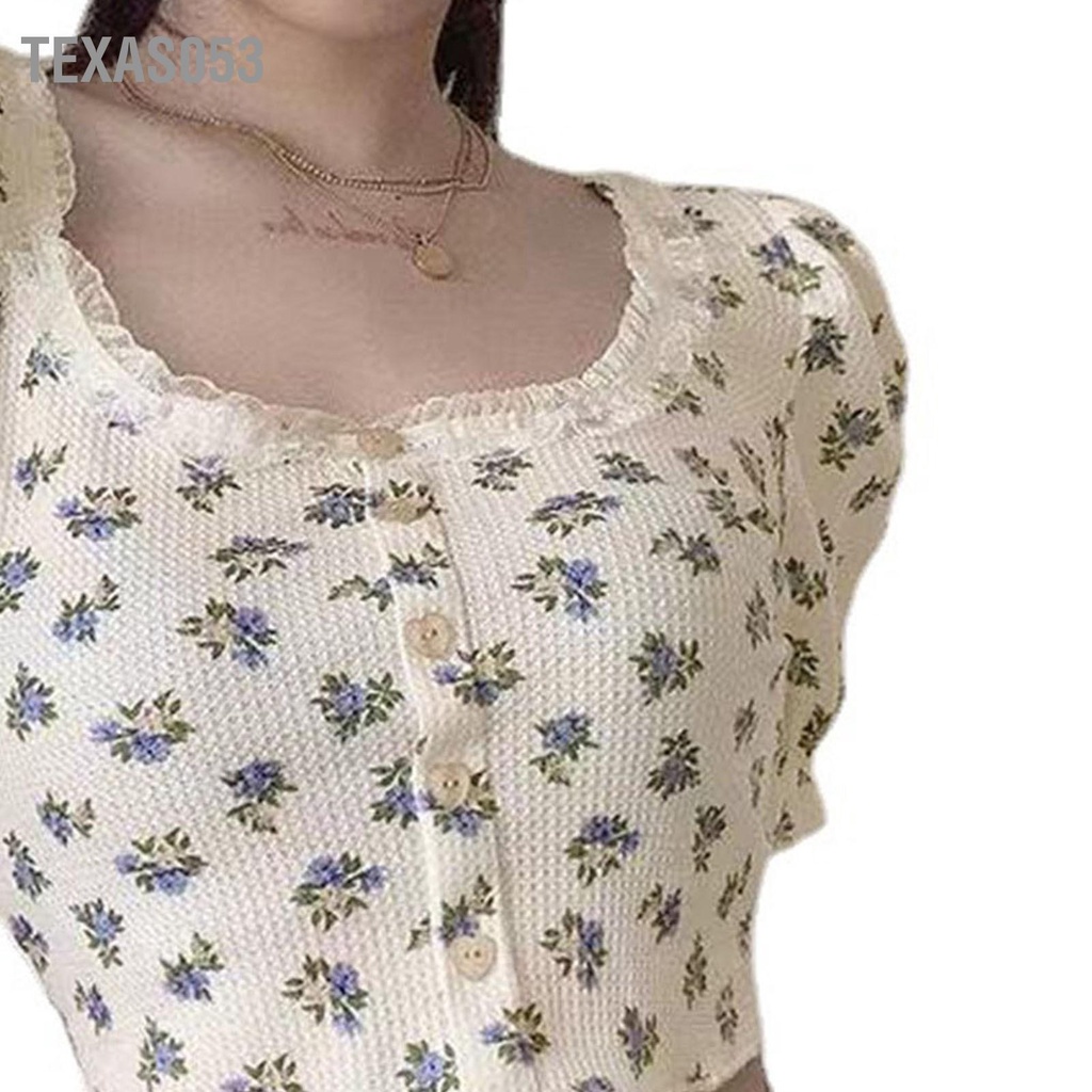 Texas053 Ngắn Tay Phồng Hoa Viền Ren Cổ Ôm Vừa Vặn Retro Thời Trang Nữ Áo Cho Mùa Hè