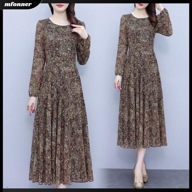 Đầm Dáng Chữ A Tay Dài Cổ Tròn Họa Tiết Hoa Phong Cách Retro