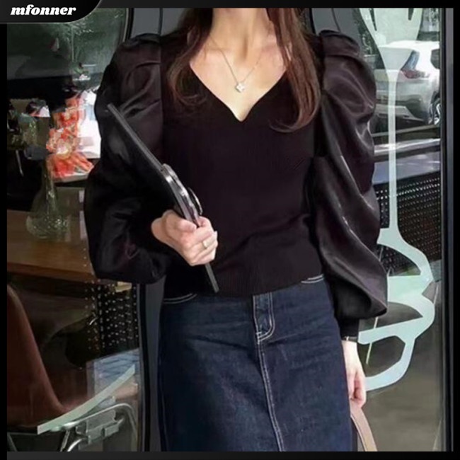 Áo Sweater Dệt Kim Tay Dài Phồng Cổ Chữ V Màu Sắc Đơn Giản Cho Nữ