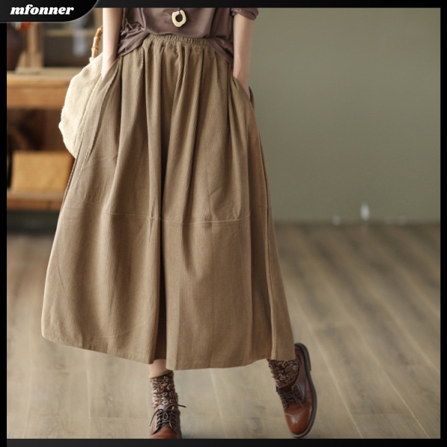 Chân Váy Xòe Dài Trung Bình Bằng Vải Nhung Kẻ Màu Sắc Trơn Giữ Ấm Thanh Lịch Dành Cho Nữ