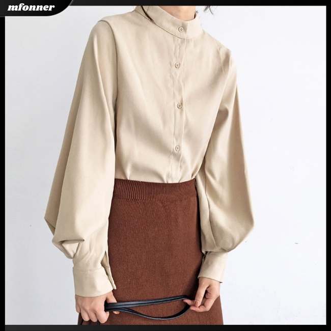 Áo Thun Nữ Tay Dài Phồng Cổ Đứng Màu Trơn Cài Một Hàng Nút Phong Cách Retro