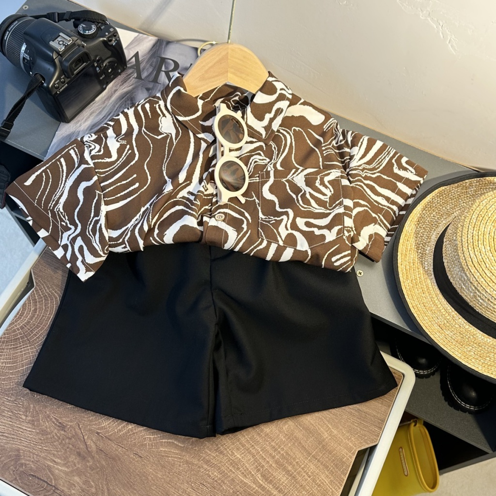 Hàng Mới Về Bộ Áo Sơ Mi Tay Ngắn + Quần Short In Họa Tiết Da Báo Thời Trang Mùa Hè Cho Bé Trai