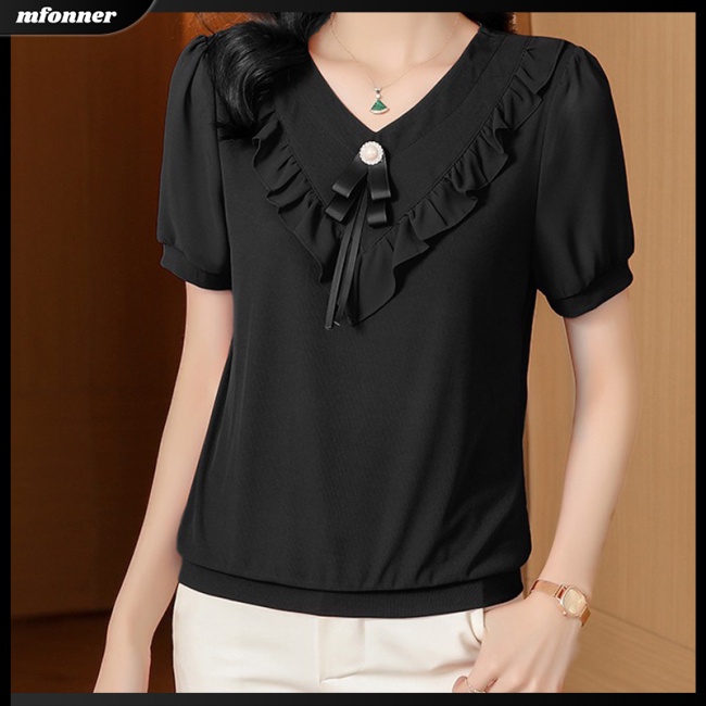 Áo Chiffon Tay Phồng Ngắn Cổ Chữ V Màu Sắc Trơn Dành Cho Nữ