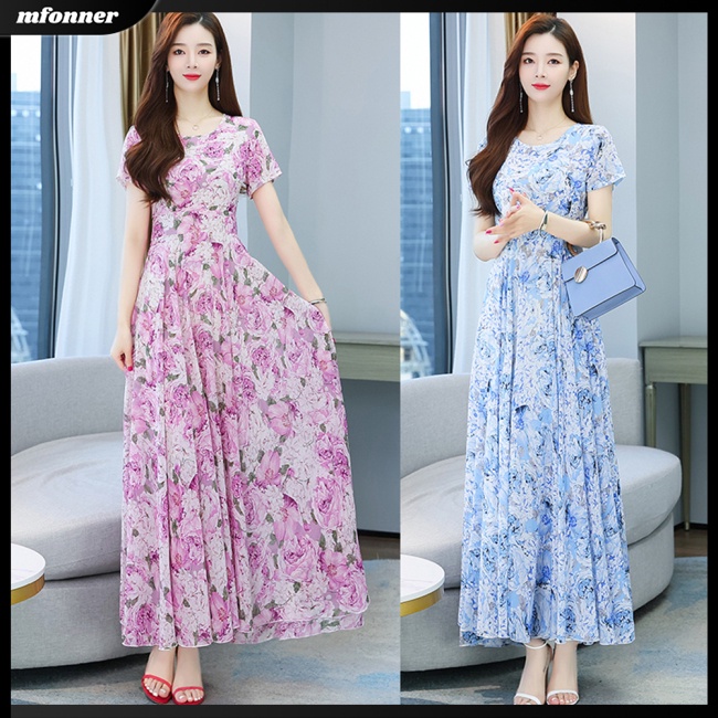 Đầm Dài Tay Ngắn Cổ Tròn In Họa Tiết Hoa Thời Trang Dành Cho Nữ