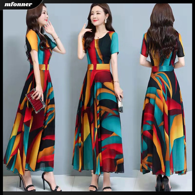 Đầm Lụa Tay Ngắn Dáng Xòe Rộng In Họa Tiết Thời Trang Mùa Hè Xinh Xắn Cho Nữ