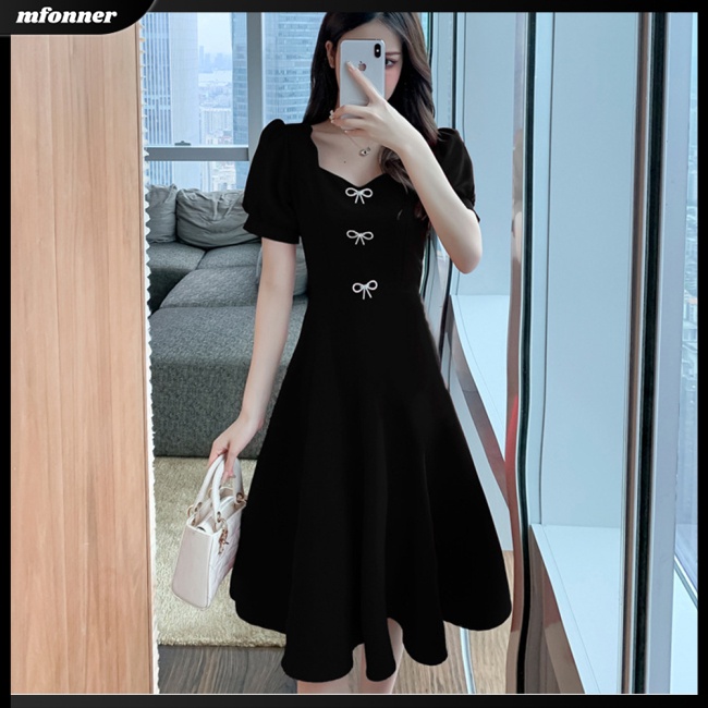 Đầm Chữ A Tay Ngắn Phồng Cổ Vuông Màu Trơn Trang Nhã Dành Cho Nữ