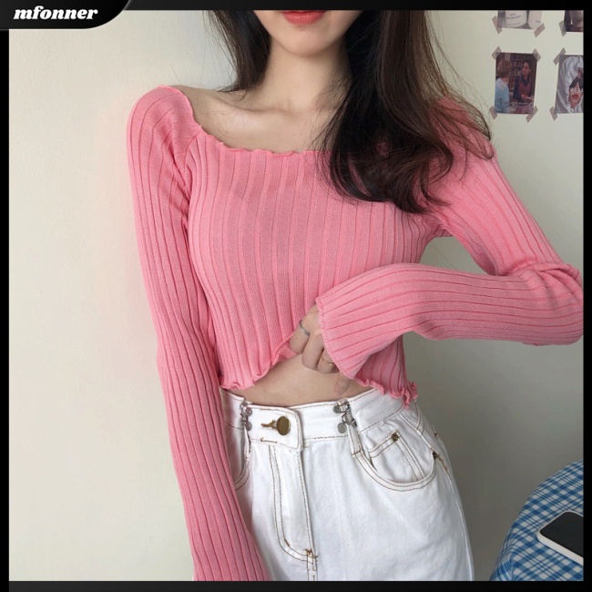 Áo Croptop Dệt Kim Tay Dài Cổ Vuông Màu Sắc Đơn Giản Cho Nữ