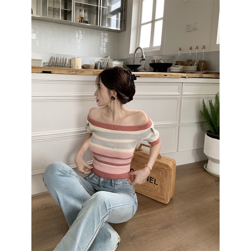 Áo Thun Dệt Kim Dáng Ôm Ngắn Kẻ Sọc One Line Kiểu Hàn Quốc Thời Trang Mùa Hè Cho