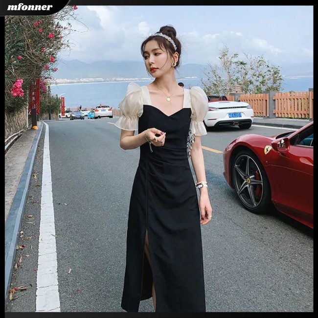 Đầm Đen Tay Phồng Ngắn Cổ Vuông Phong Cách Retro Cho Nữ