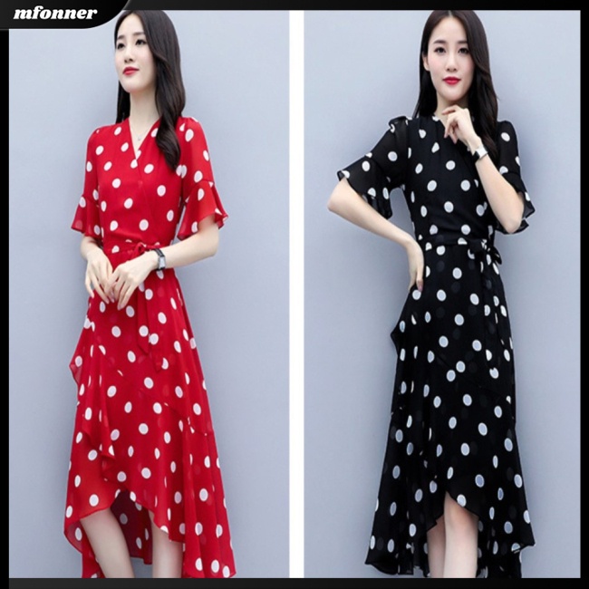 Đầm Tay Ngắn Cổ Chữ V Họa Tiết Chấm Bi Dành Cho Nữ