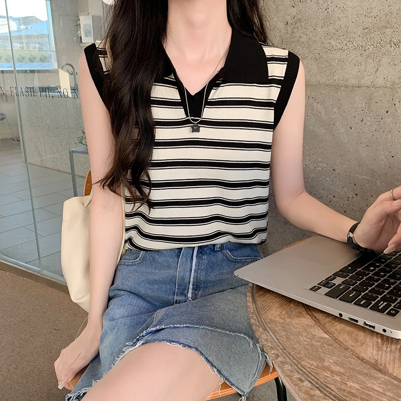 SUXI Áo Thun Dệt Kim Sát Nách Cổ Polo Dáng Rộng Thời Trang Mùa Hè Cho Nữ