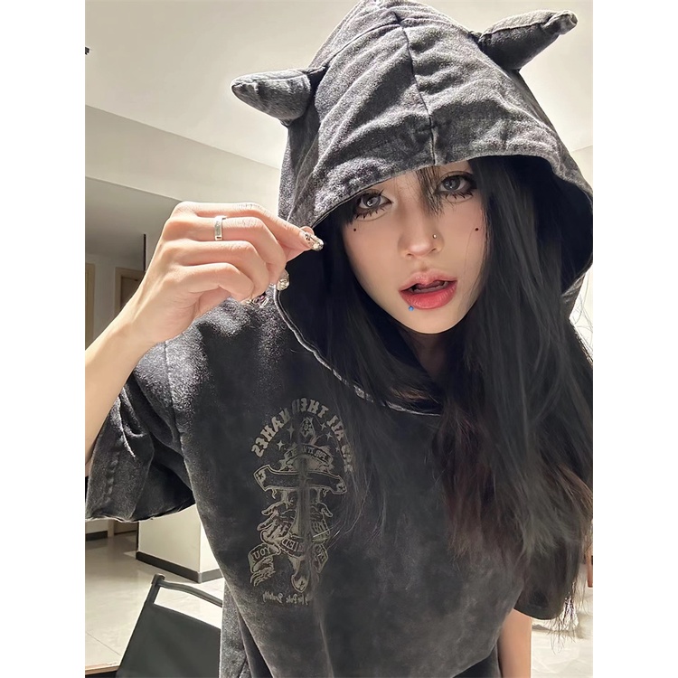 Áo Thun Cotton Có Mũ Trùm Dáng Rộng Tay Ngắn Phong Cách Đường Phố Thời Trang 2023