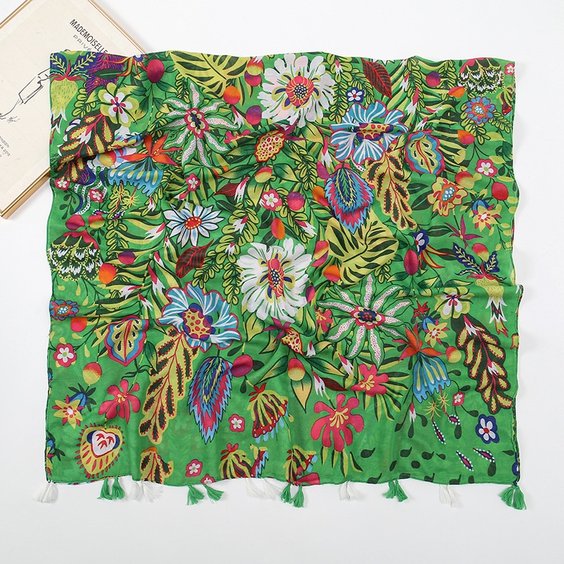 Khăn Choàng Cổ Bằng Cotton Phối Tua Rua In Họa Tiết Hoa Phong Cách Cổ Điển Thời Trang Kích Thước 190-103cm