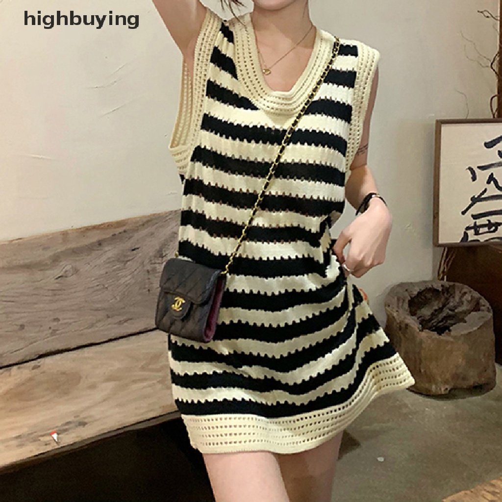 Đầm Dệt Kim Không Tay Cổ Tròn Họa Tiết Kẻ Sọc Belle Y2K Phong Cách Hàn Quốc