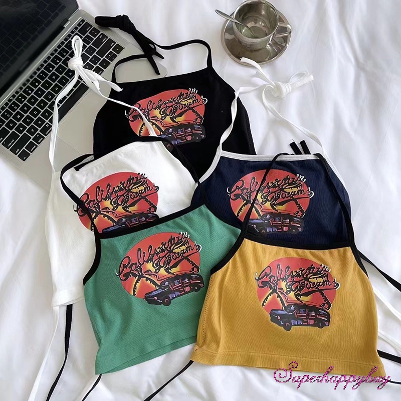 Áo Yếm Lửng Hai Dây Có Đệm Ngực In Họa Tiết Phong Cách Mỹ Dành Cho Nữ