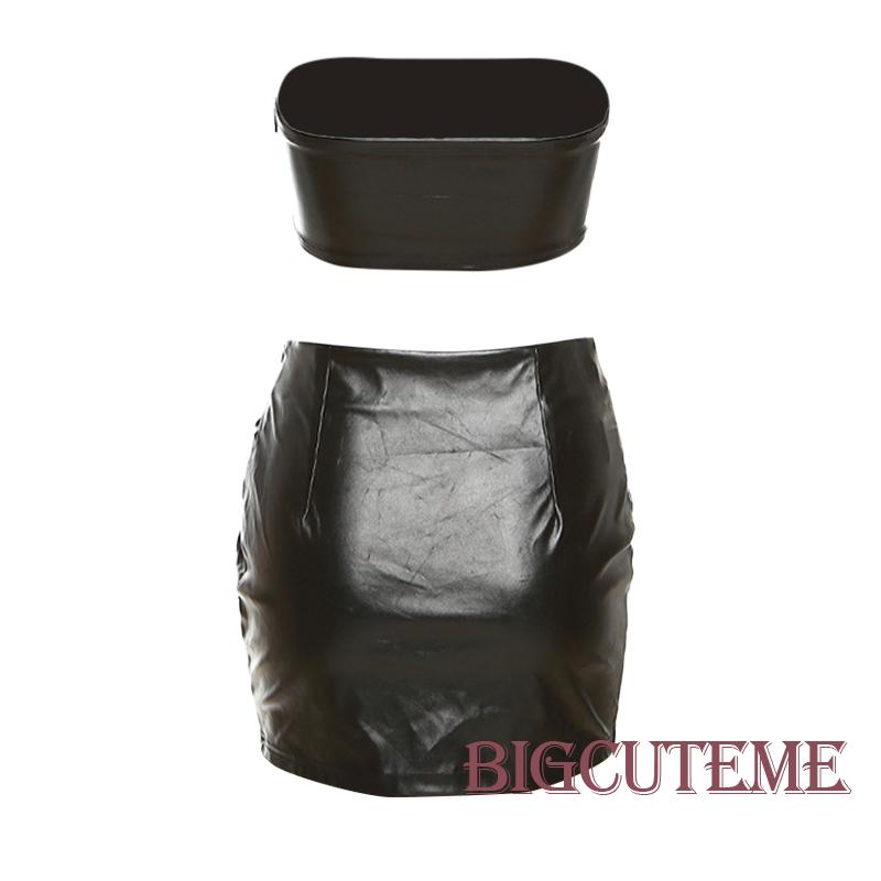Bộ Áo Ống + Chân Váy Mini 2 Dây Bằng Da PU Màu Trơn Thời Trang Mùa Hè Cho Nữ
