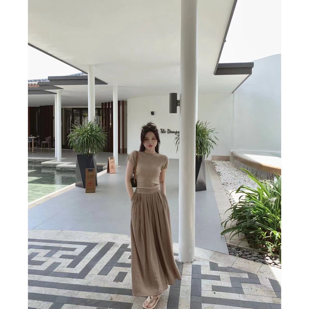 SUXI Áo Croptop Dệt Kim Tay Ngắn Cột Dây Thời Trang Mùa Hè Xinh Xắn Cho Nữ