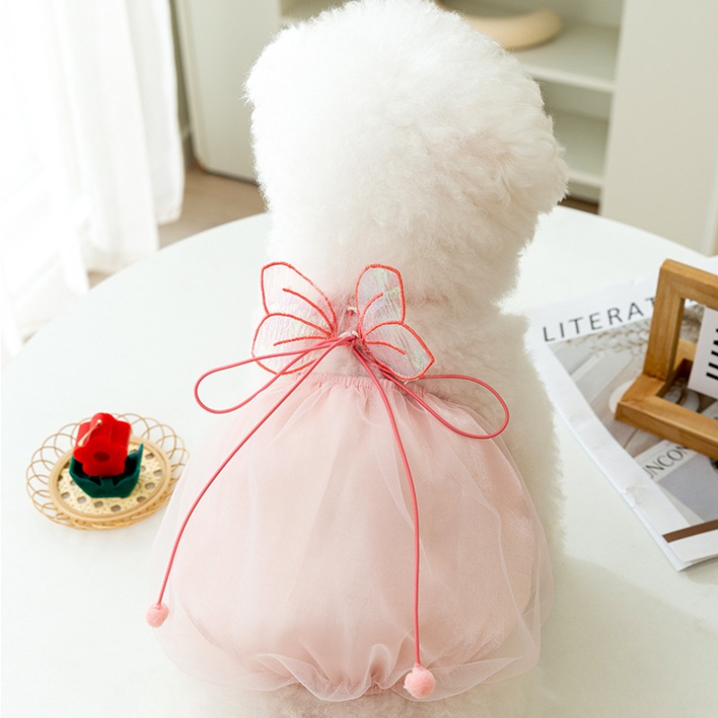 Đầm Công Chúa Hai Dây Đính Nơ Và Quả Bông Pomeranian Bichon Thời Trang Mùa Hè Cho Cún Cưng Shih Tzu Symphony