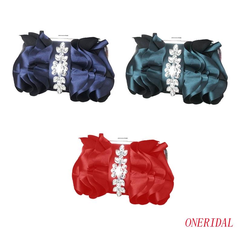 Ví Cầm Tay Dự Tiệc Bằng Lụa Xếp Ly Đính Đá Rhienstone Có Dây Xích Đeo Chéo Cho Nữ