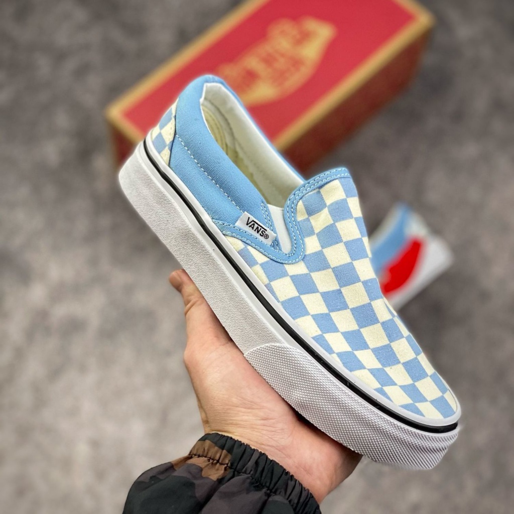 Giày Lười Canvas Vans Cổ Thấp Họa Tiết Caro Màu Xanh Sữa Thời Trang Mùa Hè Cho Nam Và Nữ