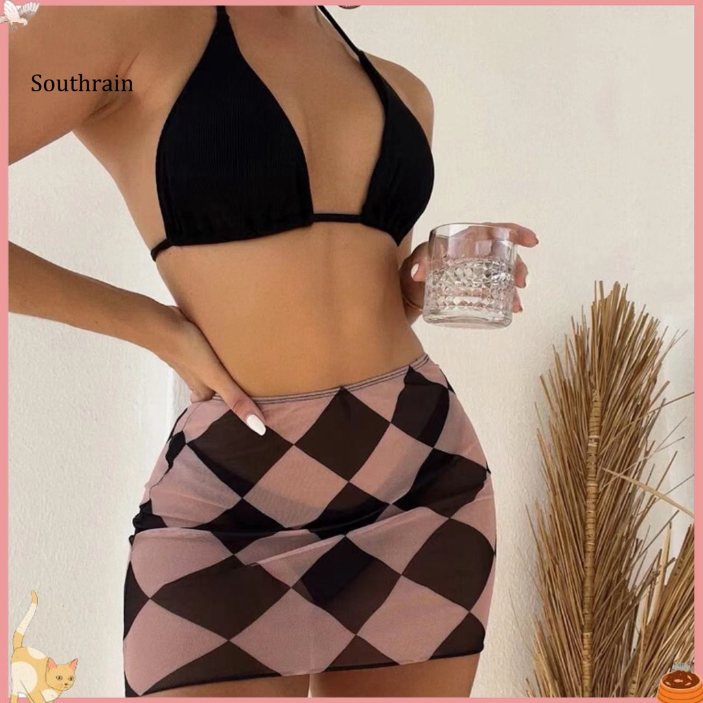 Bộ 3 Món Đồ Bơi Bikini Dạng Váy Hai Dây Nâng Ngực Màu Sắc Trơn In Họa Tiết Hình Học Tùy Chỉnh Cho Nữ