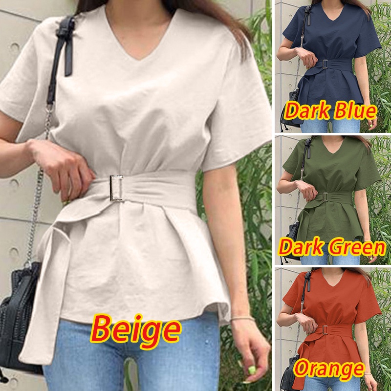 Zanzea Áo Kiểu Tay Ngắn Cổ Chữ V Có Nút Thắt Lưng Tháo Rời Được Phong Cách Hàn