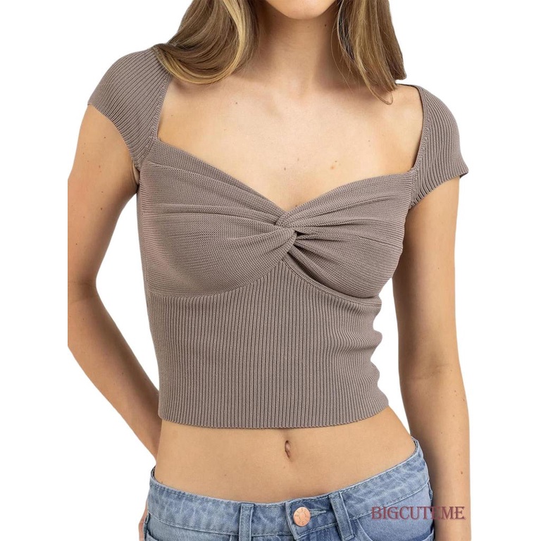[] Áo Thun Dệt Kim Ngắn Tay Màu Trơn Cổ Xoắn Phía Trước Cho Nữ