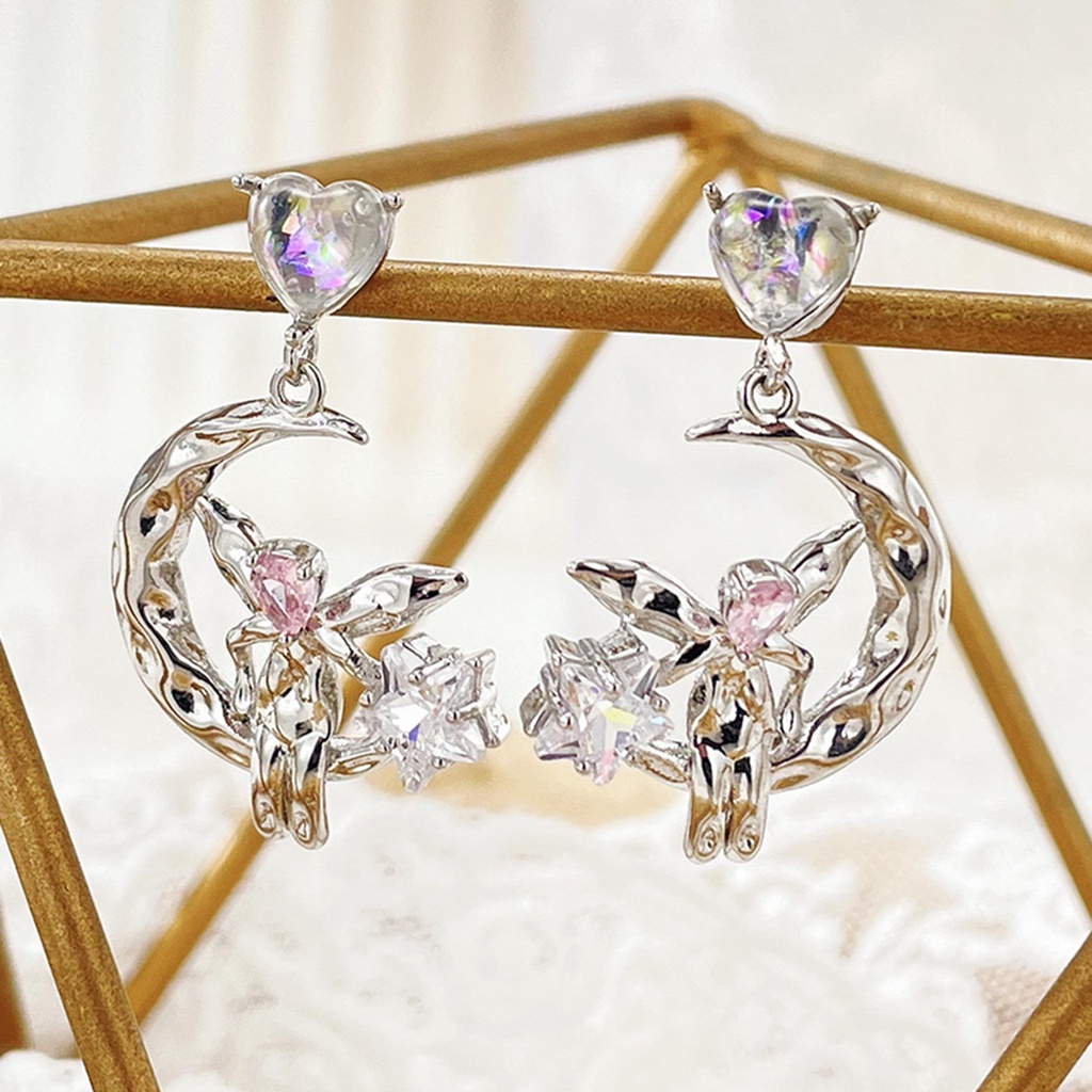 1 Đôi Bông Tai Hình Trái Tim / Ngôi Sao Đính Đá Mặt Trăng Không Gây Dị Ứng Thời Trang