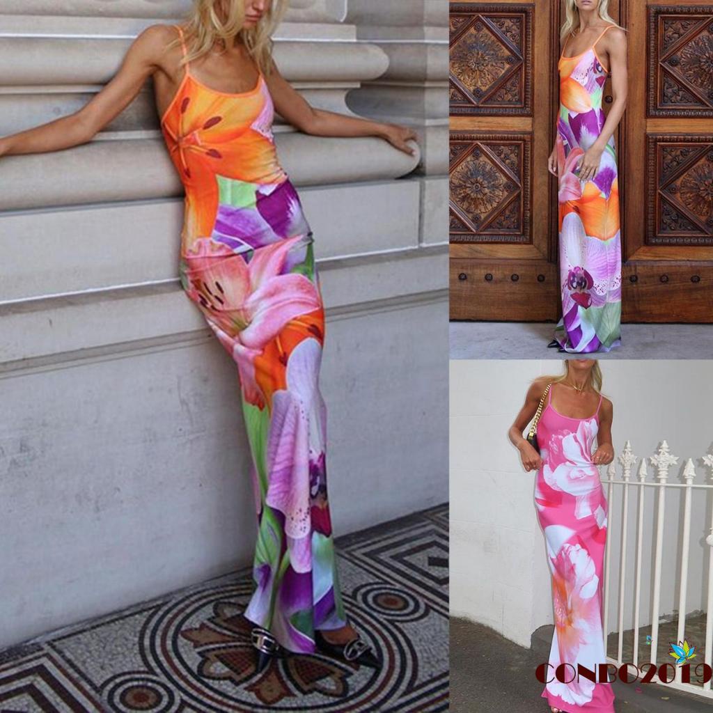 Đầm Dài Hai Dây Hở Lưng Khoét Sâu Họa Tiết Hoa Thời Trang Mùa Hè Cho Nữ