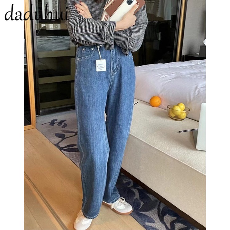 Daduhui New Korean Version of INS Retro Jeans Niche High Waist Loose Wide Leg Pants Large Size Casual Trousers