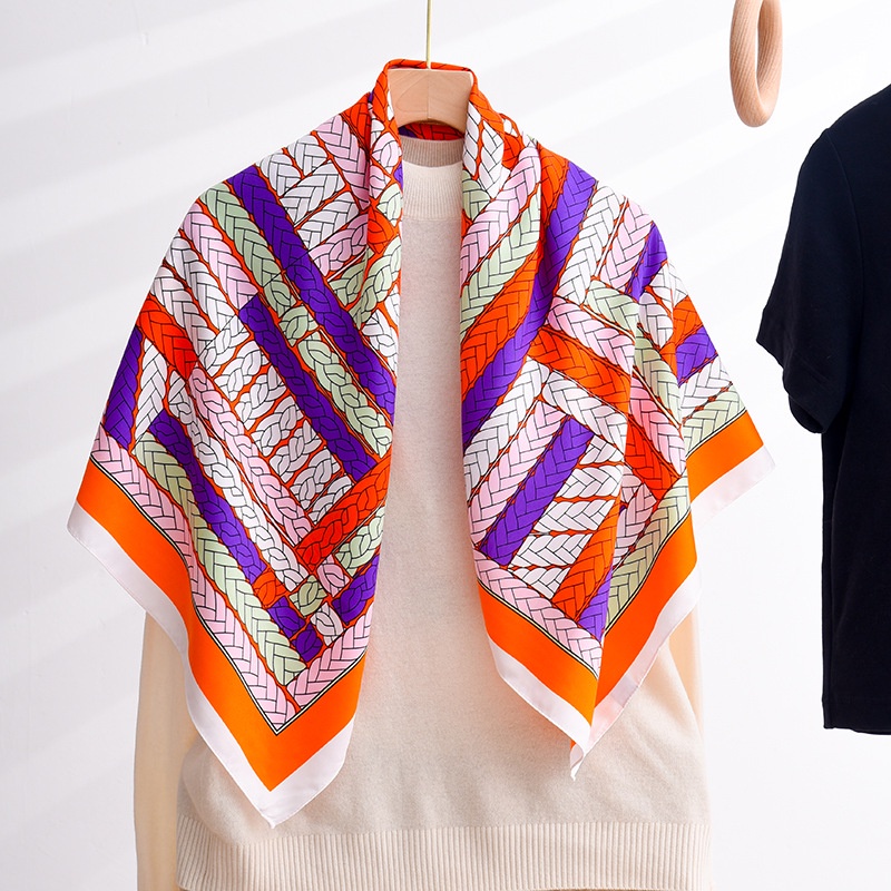 Khăn Choàng Lụa Vuông 90 * 90cm Chống Nắng In Họa Tiết Màu Tương Phản Thời Trang