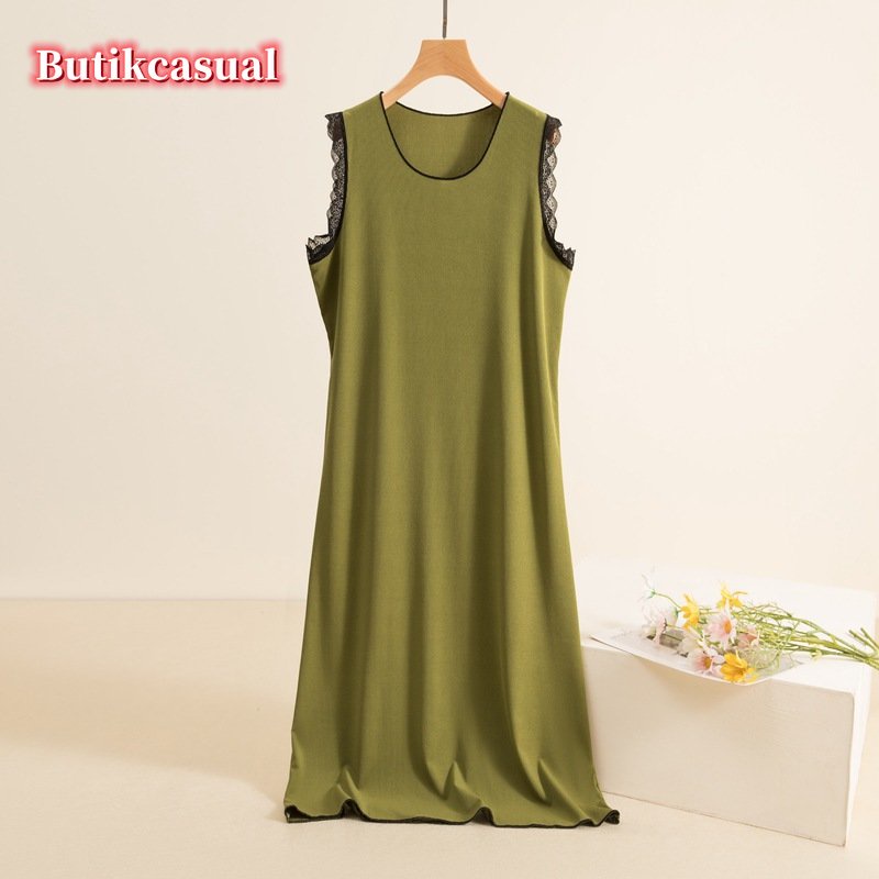Đầm midi Cotton Cổ Tròn Dáng Rộng Phối Ren Thoải Mái Thời Trang Mùa Hè Cho Nữ