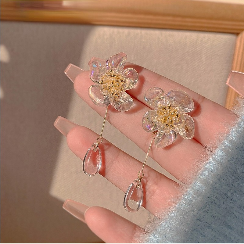 Bông Tai Mạ Bạc 925 Hình Giọt Nước Đính Hoa / Giọt Nước Phối Tua Rua Thời Trang Cho Nữ