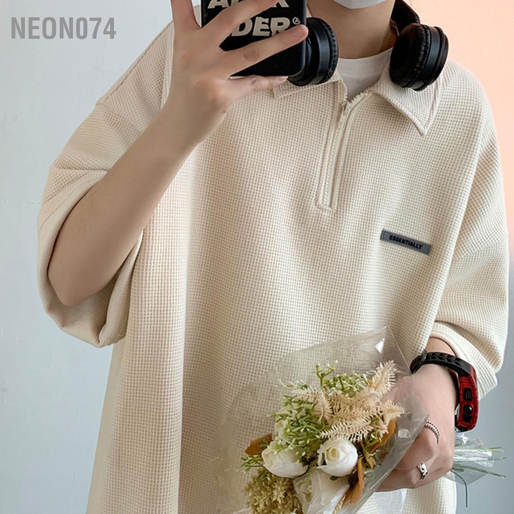 Neon074 Nam Tay Ngắn Dây Kéo Hàng Đầu Thời Trang Dáng Rộng Màu Trơn Cổ Gập Áo Kiểu