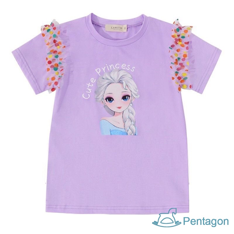 Đầm Thun Tay Ngắn Phối Lưới Chấm Bi Họa Tiết Hoạt Hình Dễ Thương Thời Trang Mùa Hè Cho Bé Gái