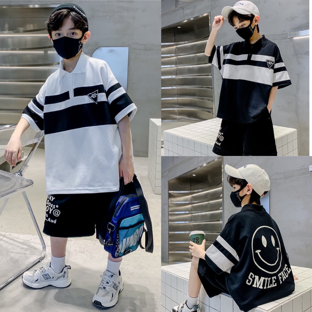 Set áo thun quần short bé trai SB163 sz 120-170, set quần áo thời trang sọc trắng đen