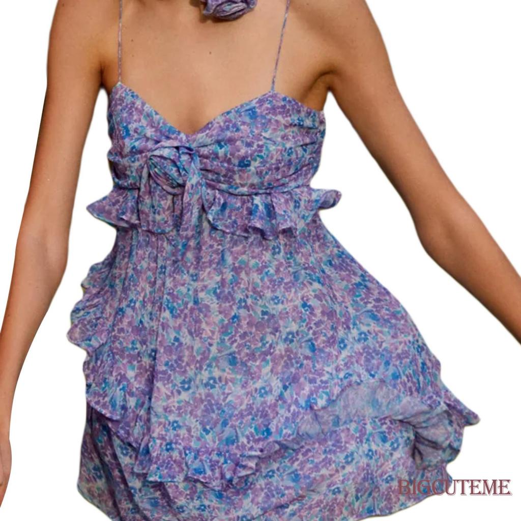 Đầm Chữ A Sát Nách Hở Lưng Phối Bèo In Họa Tiết Hoa Thời Trang Mùa Hè Cho Nữ