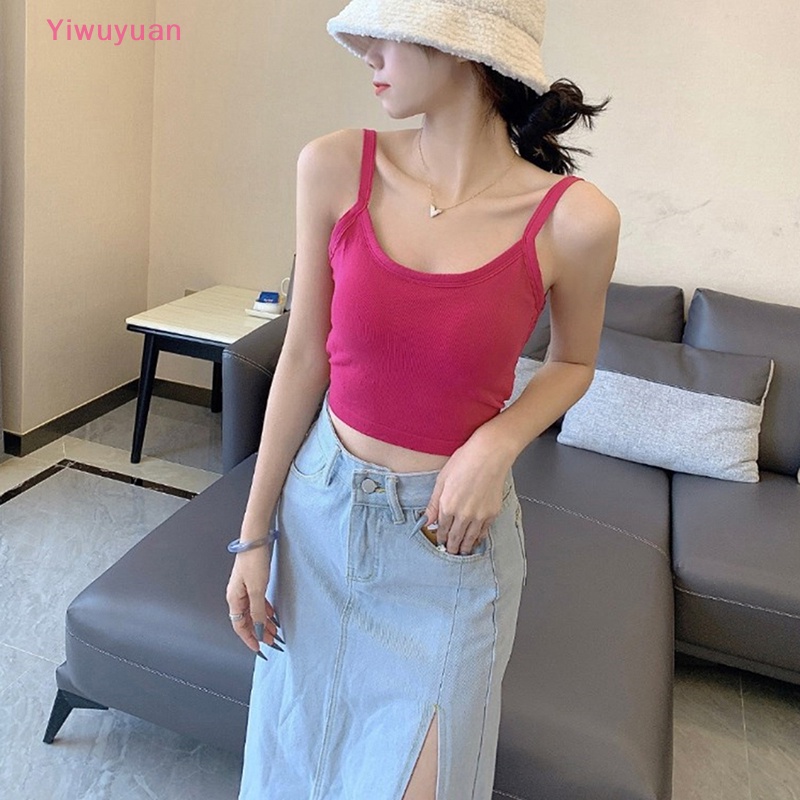 < Yiwuyuan > Áo Croptop Dệt Kim Trễ Vai Có Mút Nâng Ngực Dây Chéo Sau Lưng Gợi Cảm Cho Nữ