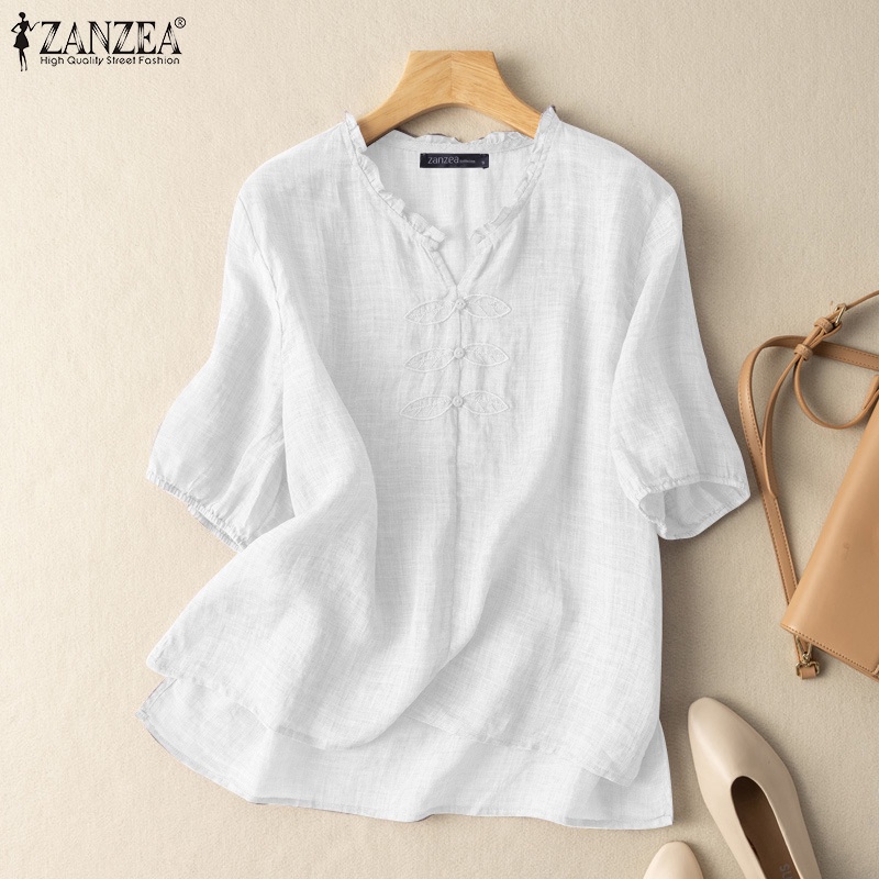 ZANZEA Áo Sơ Mi Tay Lửng Thêu Họa Tiết Phong Cách Hàn Quốc Cho Nữ