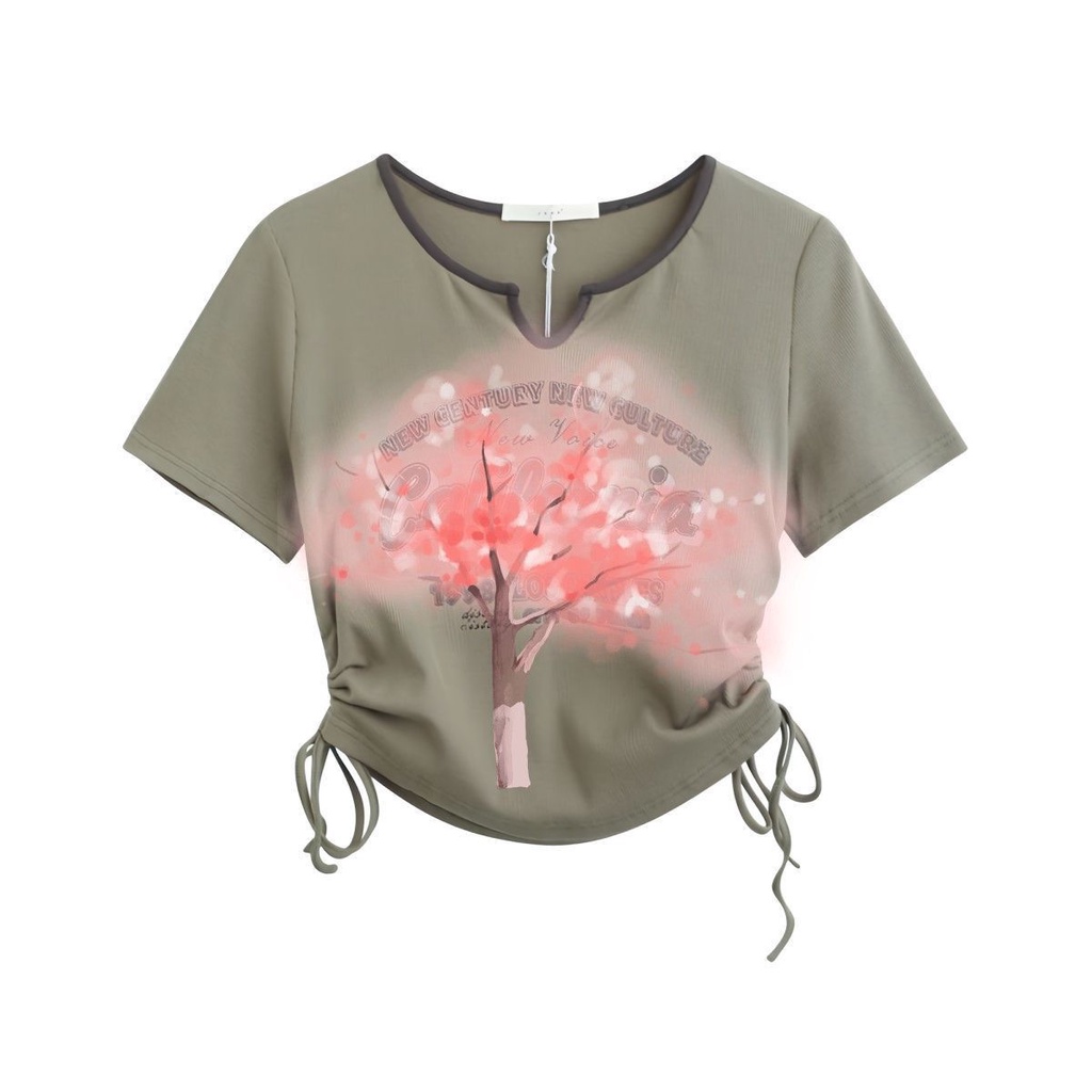 Áo Croptop Tay Ngắn Phối Dây Rút In Họa Tiết Phong Cách Retro Mỹ Thời Trang Mùa Hè Cho Nữ