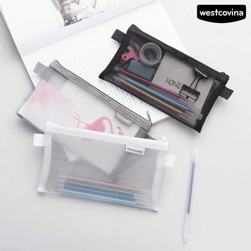 [COD]♪Túi Đựng Bút Bằng Nilon Trong Suốt Trọng Lượng Nhẹ Phối Lưới Có Khóa Kéo Tiện Dụng