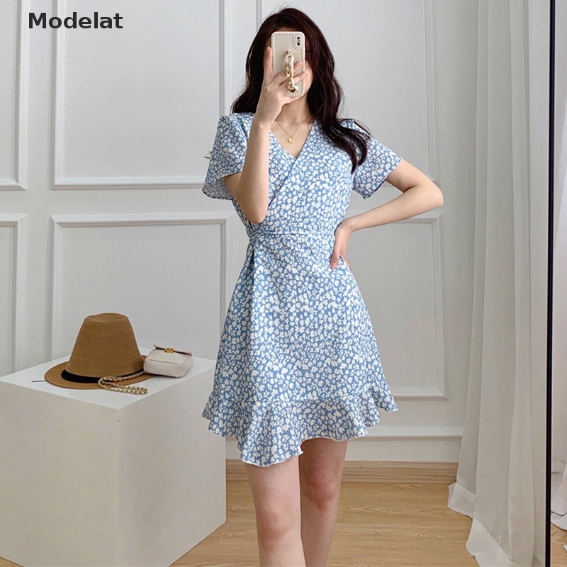 Đầm Tay Ngắn Cổ Chữ V In Họa Tiết Hoa Phong Cách Hàn Quốc Ngọt Ngào Thời Trang Mùa Hè Cho Nữ