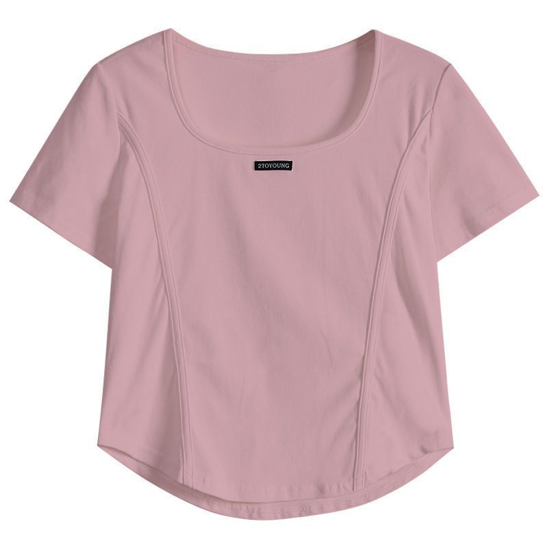 Áo Thun Ngắn Tay Cổ Vuông Viền Cong Thời Trang Retro Cho Nữ