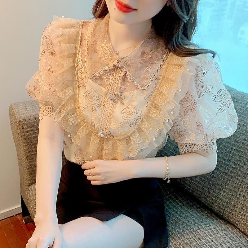 Áo Kiểu Pháp Cổ Đứng Tay Phồng Phối Ren Thêu Họa Tiết Sang Trọng Thời Trang Mùa Hè 2023 Cho Nữ
