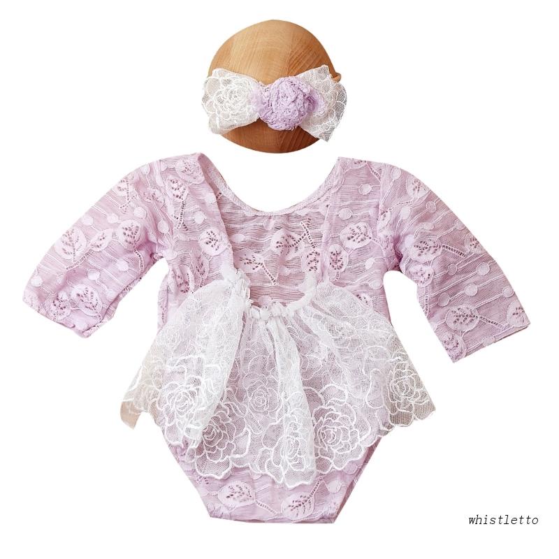 Bộ Áo Liền Quần Phối Ren Hở Lưng + Băng Đô Làm Phụ Kiện Chụp Ảnh Cho Bé Gái 0-1 Tháng Tuổi