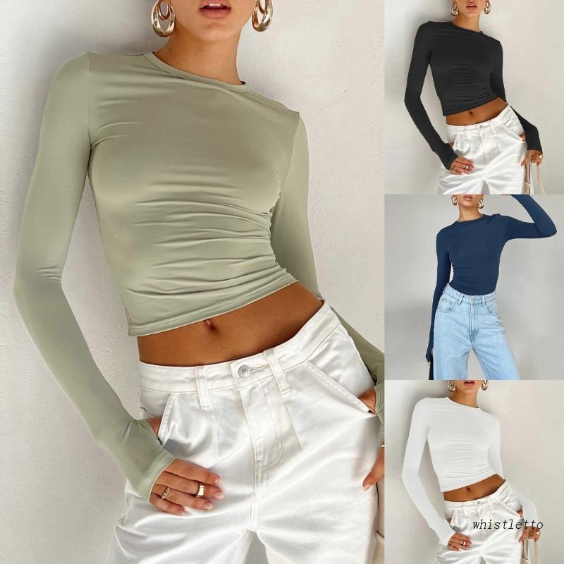 Áo Thun Crop Top Tay Dài Cổ Tròn Màu Trơn Ôm Dáng Thời Trang Mùa Thu Cho Nữ