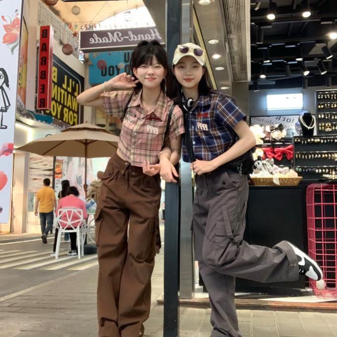 COZOK Áo Sơ Mi Ngắn Tay Dáng Ôm Hoa Văn Kẻ Ô Phong Cách vintage Thời Trang